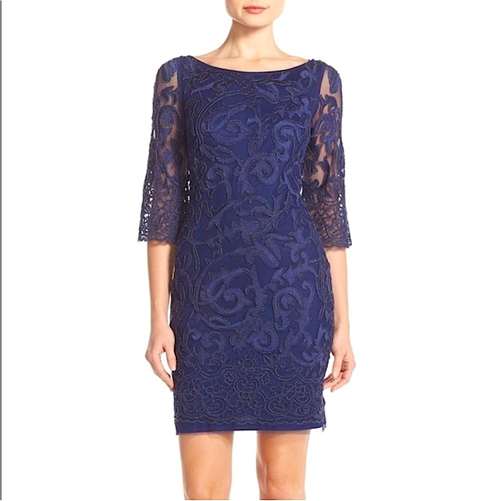 Aidan MATTOX ($475) Beaded Sheer Mesh Sleeve Navy Blue Cocktail Dress 4 - Picture 7 of 14